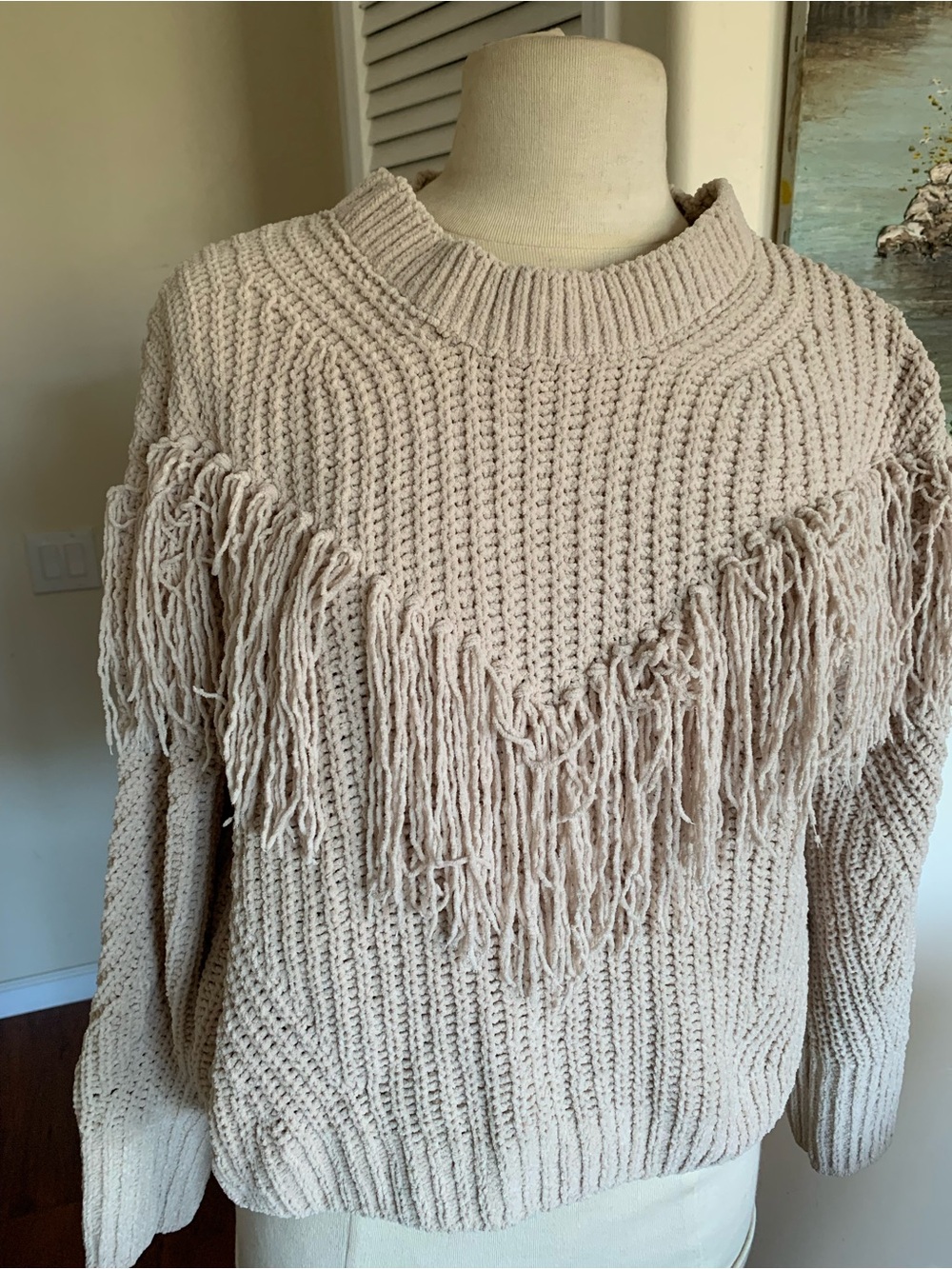 No Boundaries Cream Fringe Crewneck Sweater